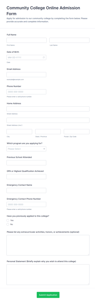 Community College Online Admission Form Template