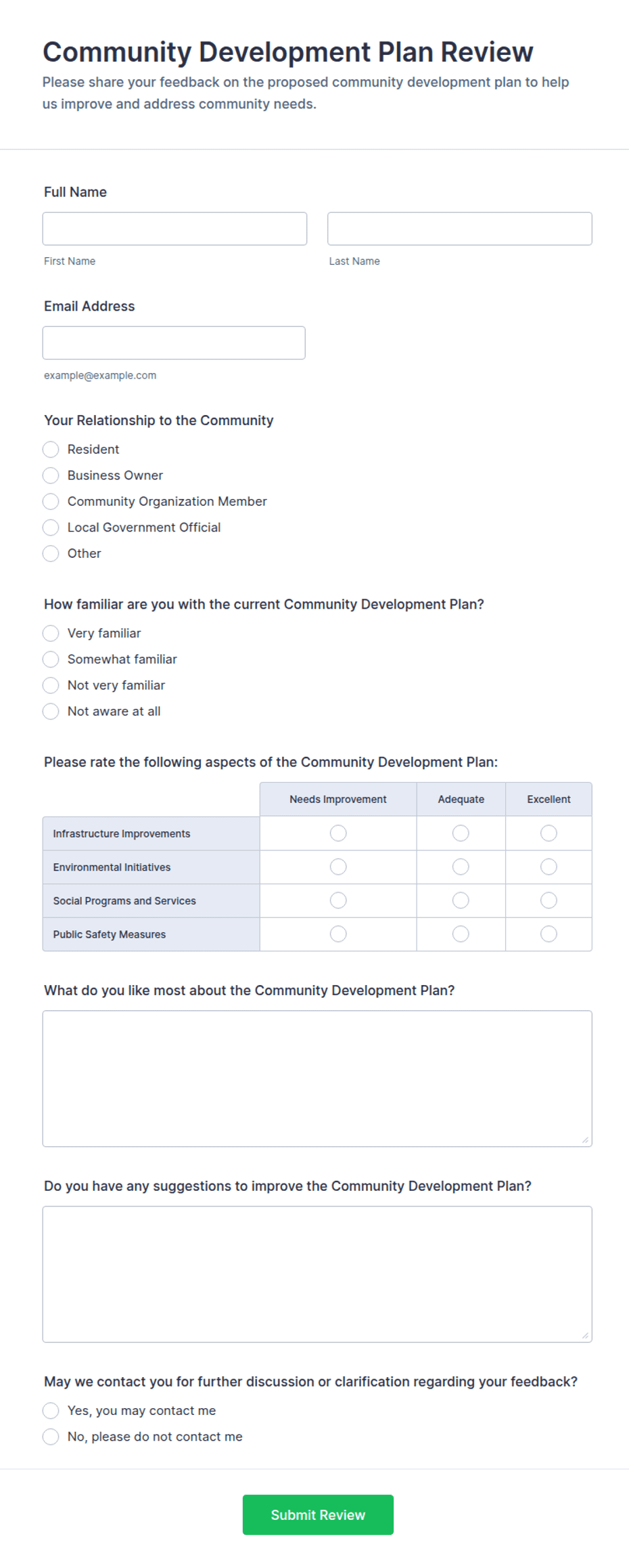 Community Development Plan Review Form Template | Jotform