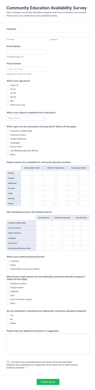 Community Education Availability Survey Form Template