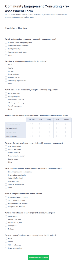 Community Engagement Consulting Pre Assessment Form Template