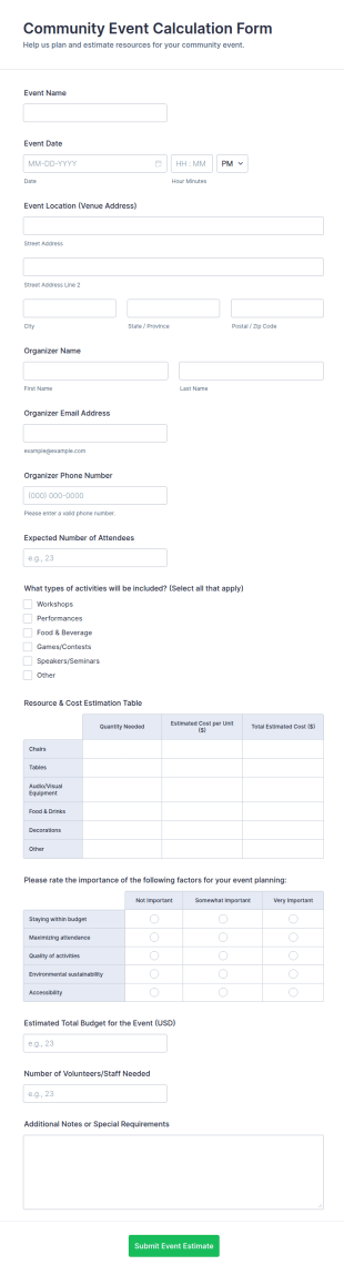 Community Event Calculation Form Template