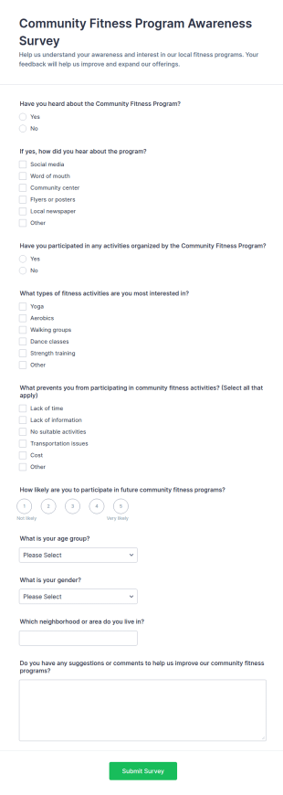 Community Fitness Program Awareness Survey Form Template