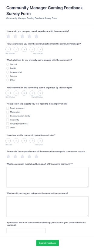 Community Gaming Feedback Survey Form Template