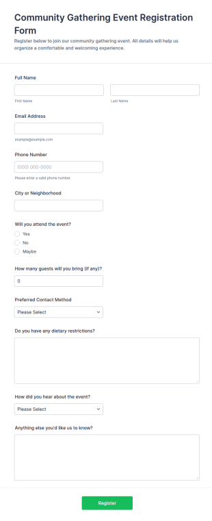 Community Gathering Event Registration Form Template