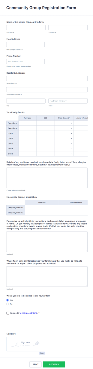 Community Group Registration Form Template