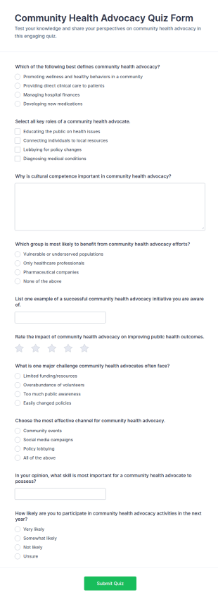 Community Health Advocacy Quiz Form Template