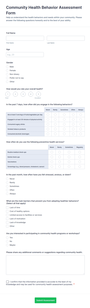 Community Health Behavior Assessment Form Template