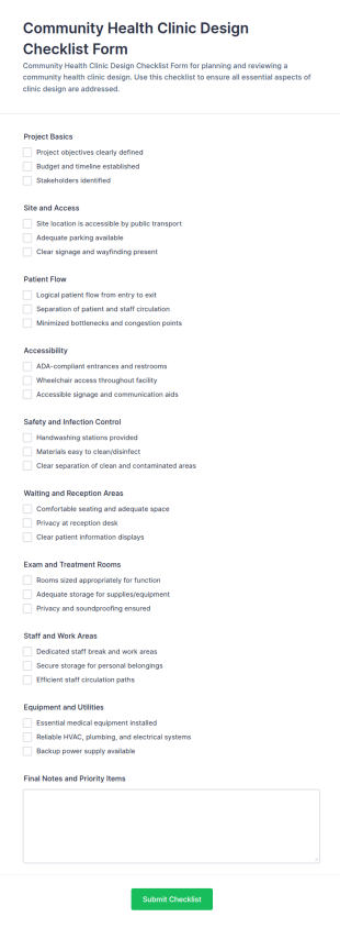 Community Health Clinic Design Checklist Form Template