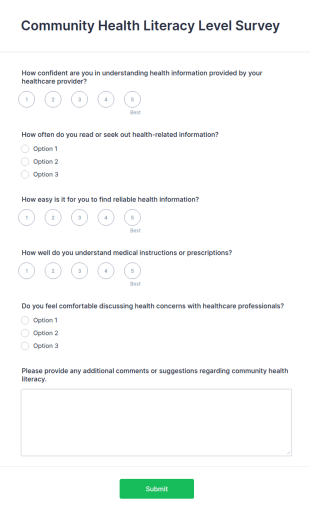 Community Health Literacy Level Survey Form Template