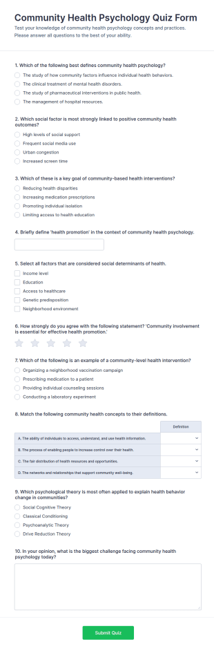 Community Health Psychology Quiz Form Template