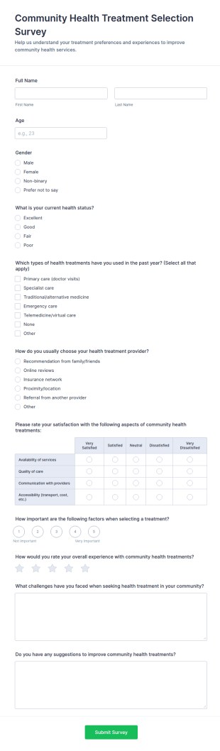 Community Health Treatment Selection Survey Form Template