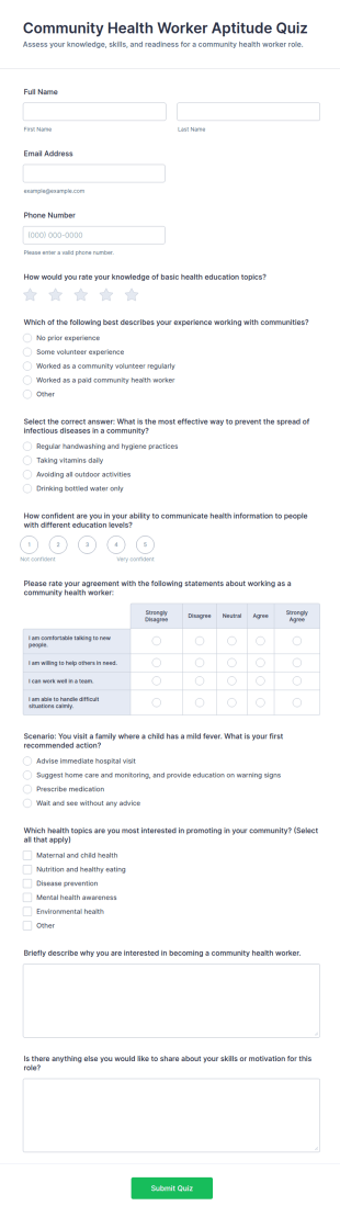 Community Health Worker Aptitude Quiz Form Template