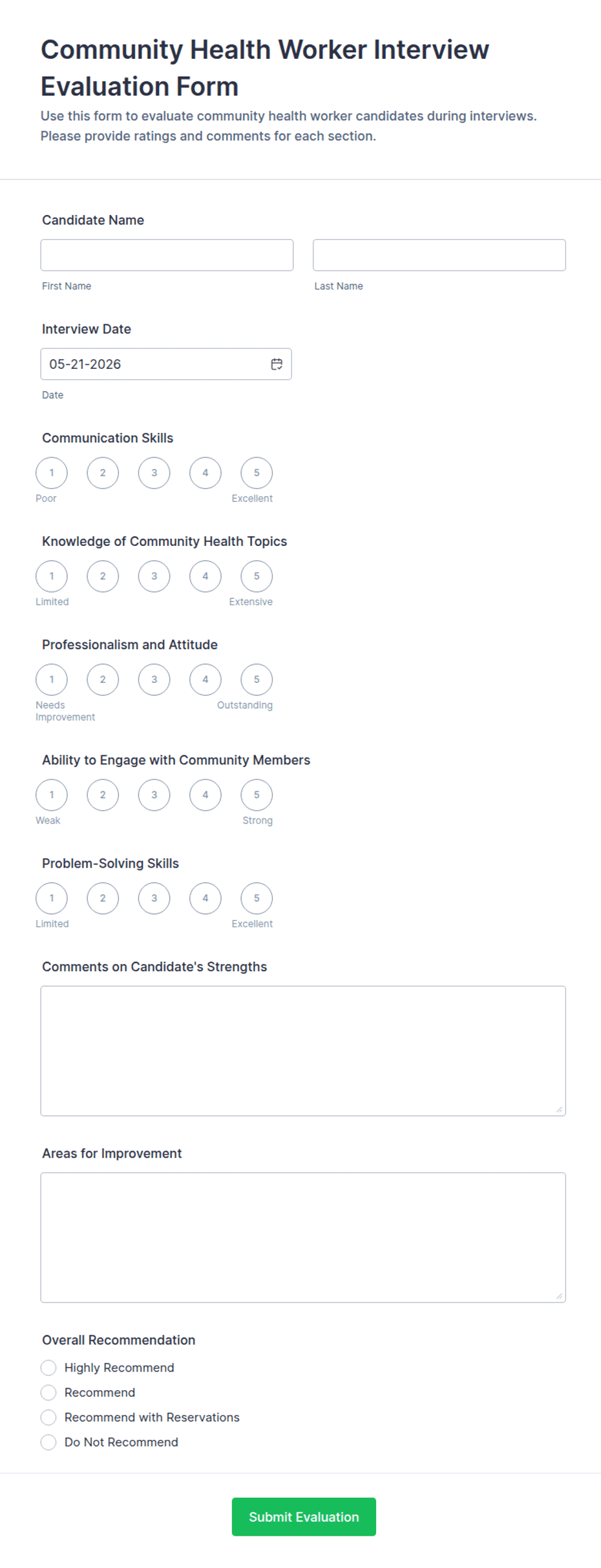 Community Health Worker Interview Evaluation Form Template | Jotform