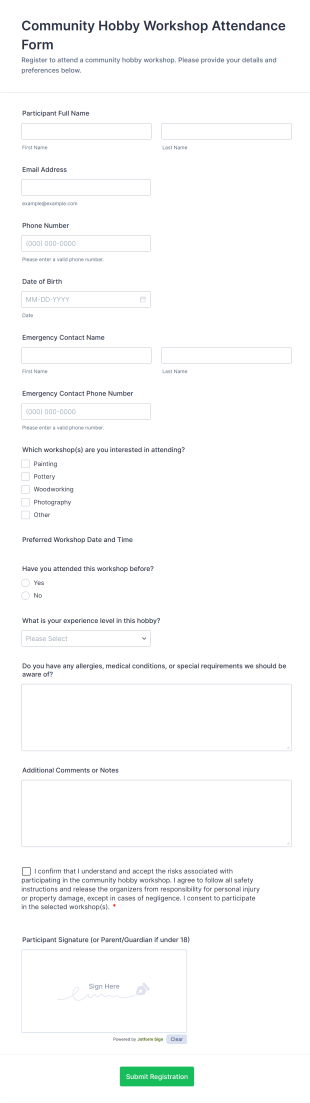Community Hobby Workshop Attendance Form Template