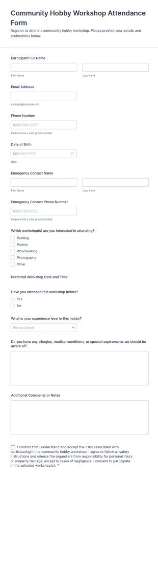 Community Hobby Workshop Attendance Form Template