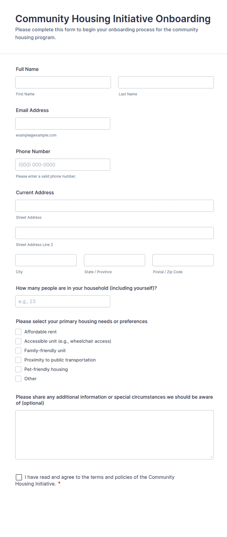 Community Housing Initiative Onboarding Form Template | Jotform