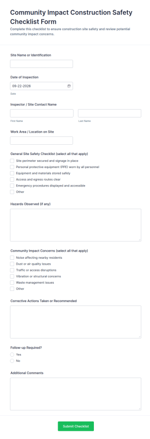 Community Impact Construction Safety Checklist Form Template