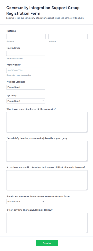Community Integration Support Group Registration Form Template