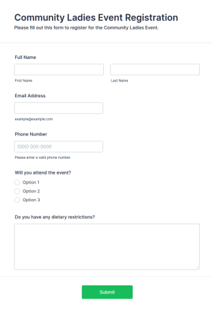 Community Ladies Event Registration Form Template