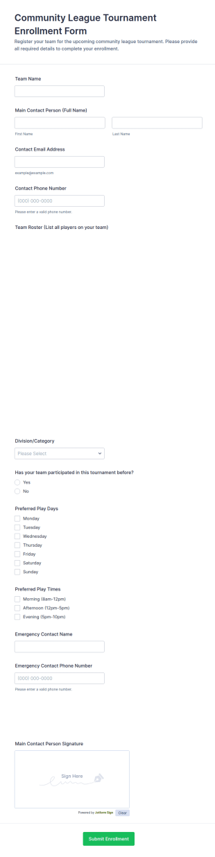 Community League Tournament Enrollment Form Template