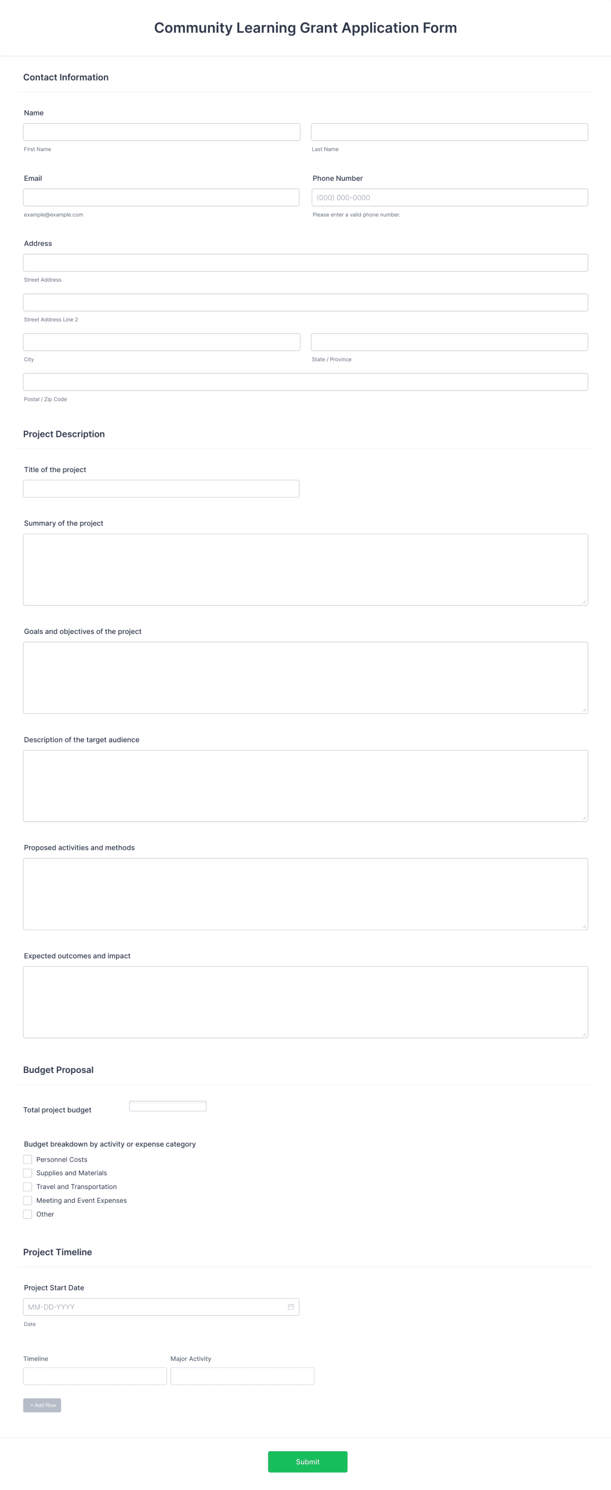 Community Learning Grant Application Form Template Jotform