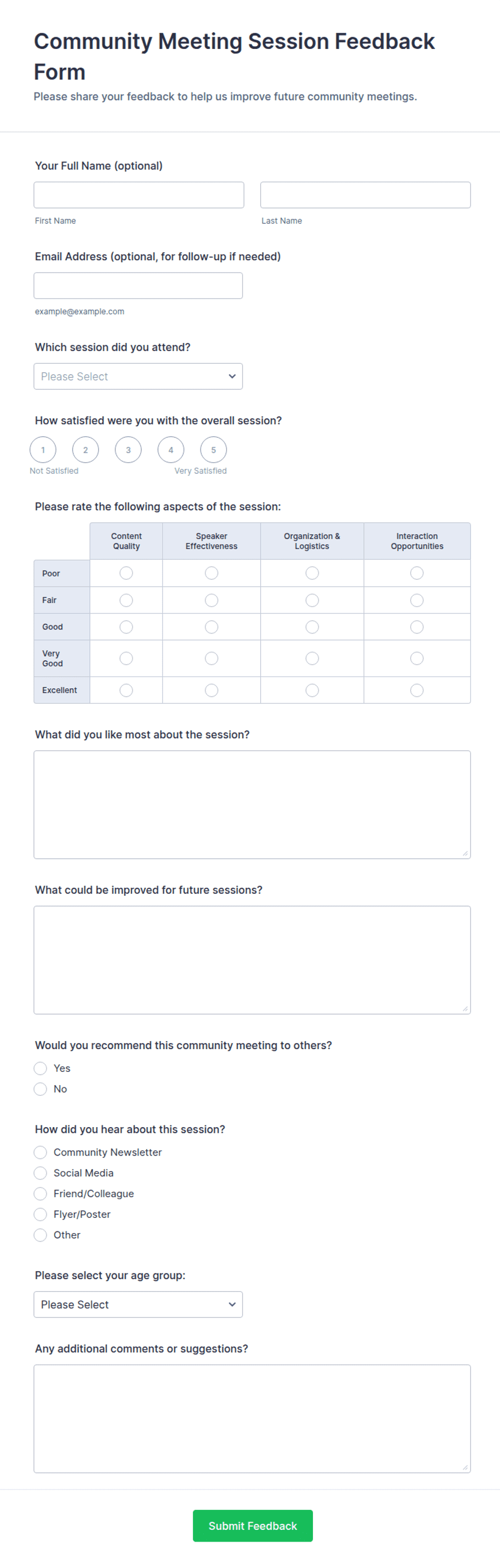 Community Meeting Session Feedback Form Template | Jotform