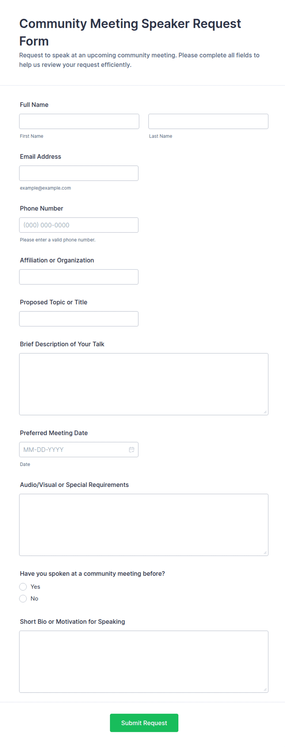 Community Meeting Speaker Request Form Template | Jotform