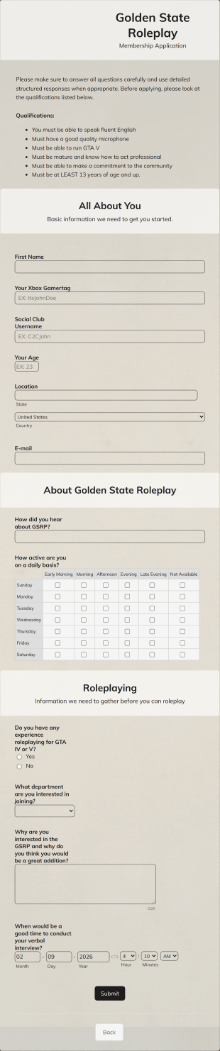 Community Membership Application Form Golden State Roleplay