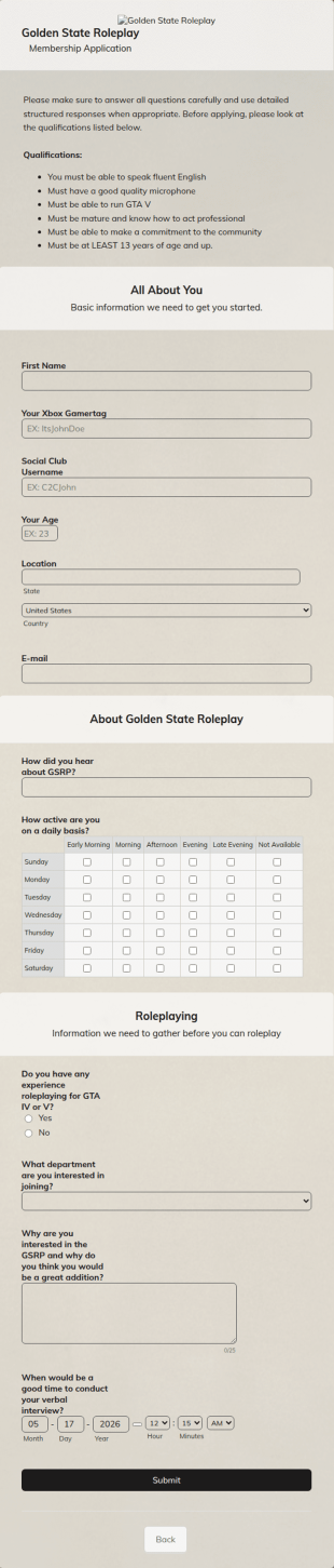 Community Membership Application Form Golden State Roleplay