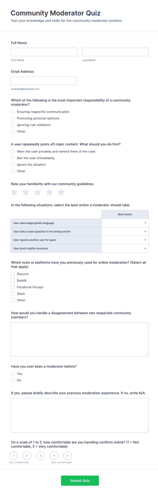 Community Moderator Quiz Form Template