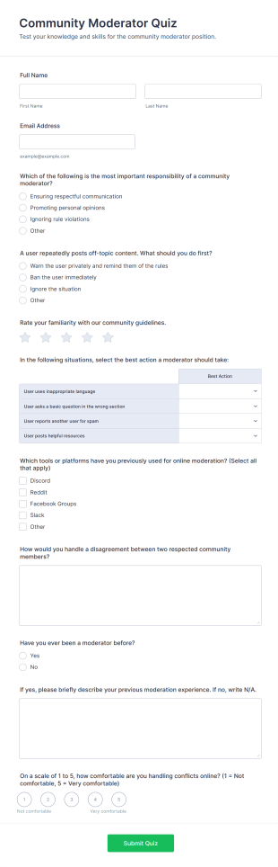 Community Moderator Quiz Form Template