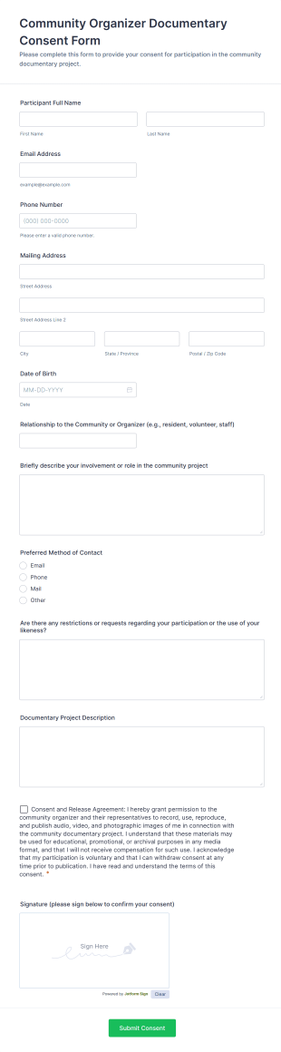 Community Organizer Documentary Consent Form Template