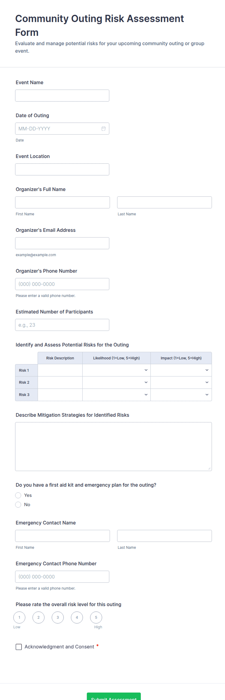 Community Risk Survey Community Outing Risk Assessment Form Template | Jotform