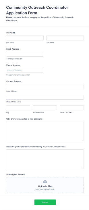 Community Outreach Coordinator Application Form Form Template