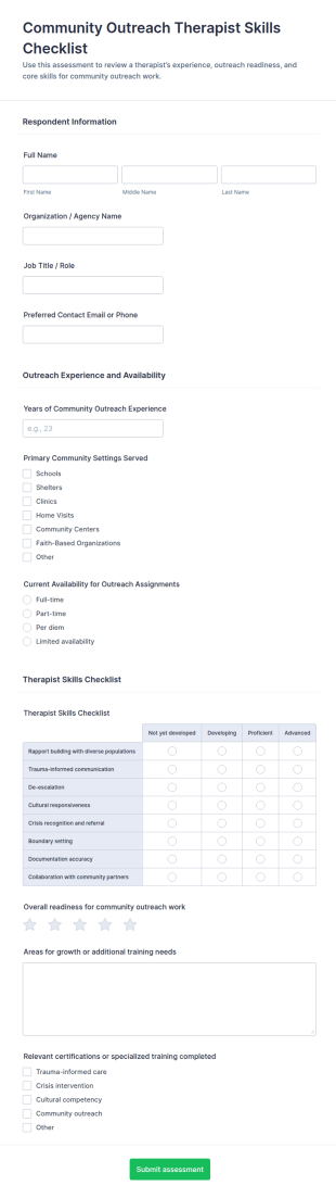 Community Outreach Therapist Skills Checklist Form Template