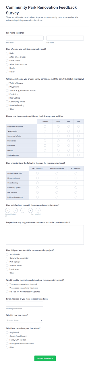 Community Park Renovation Feedback Survey Form Template