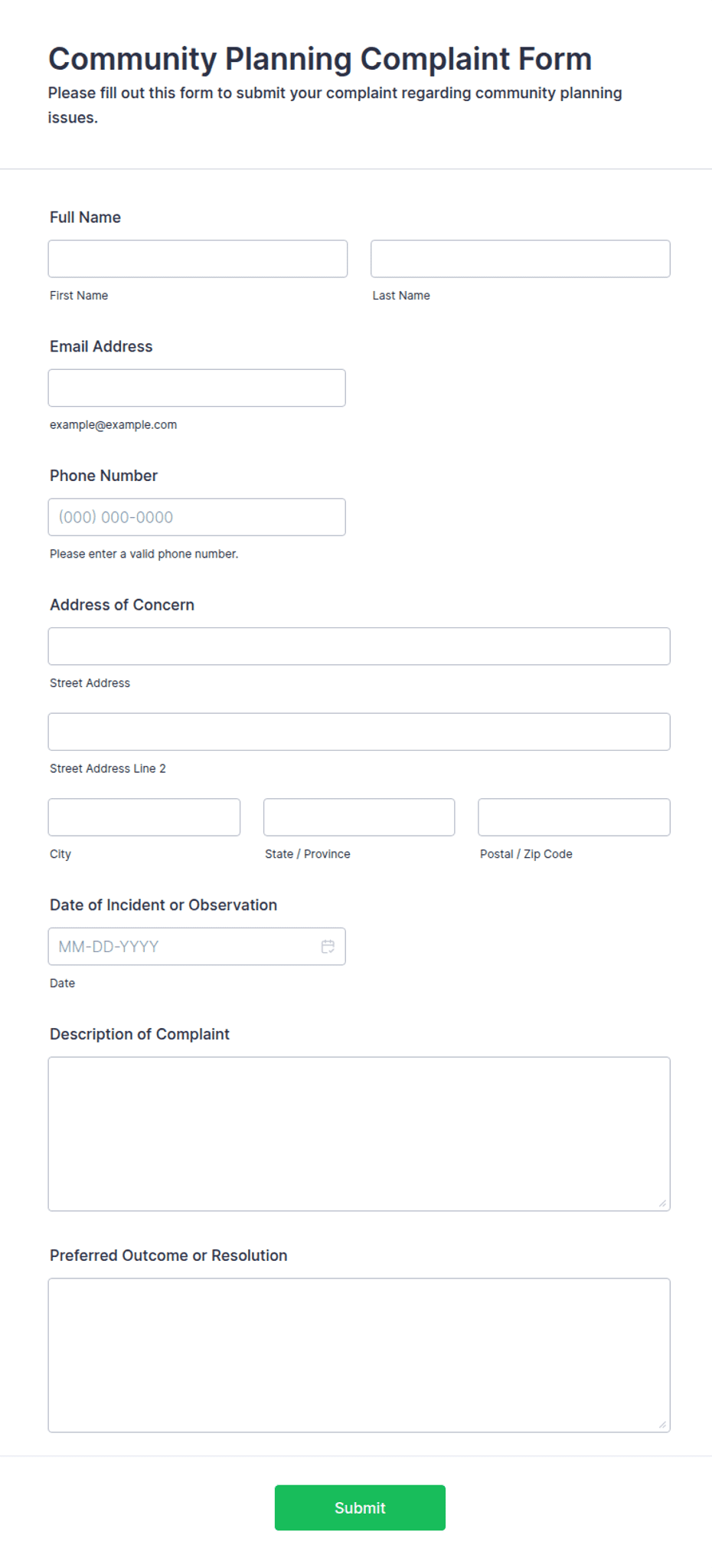 Community Concern Form Community Planning Complaint Form Template | Jotform