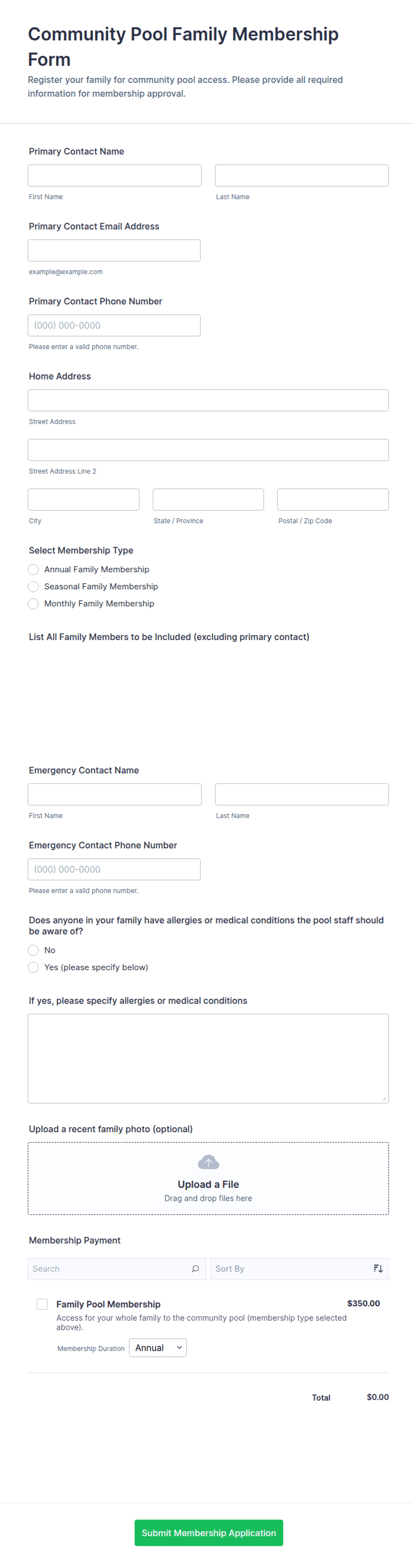Community Pool Family Membership Form Template | Jotform