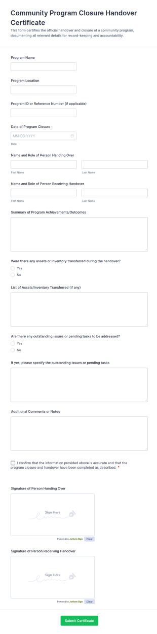 Community Program Closure Handover Certificate Form Template