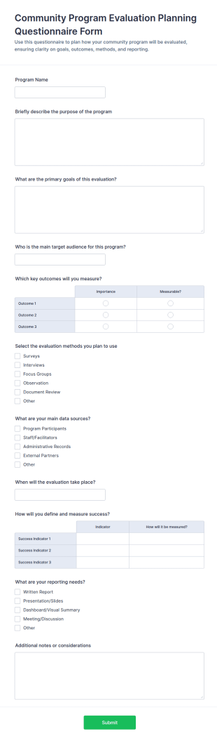 Community Program Evaluation Planning Questionnaire Form Template