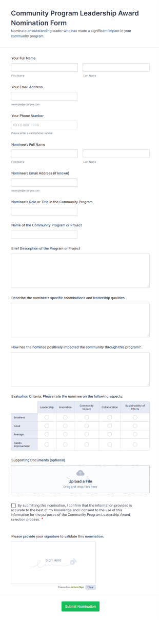 Community Program Leadership Award Nomination Form Template
