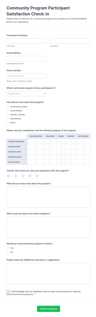 Community Program Participant Satisfaction Check In Form Template