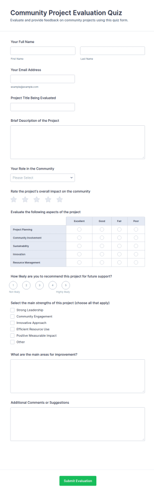 Community Project Evaluation Quiz Form Template