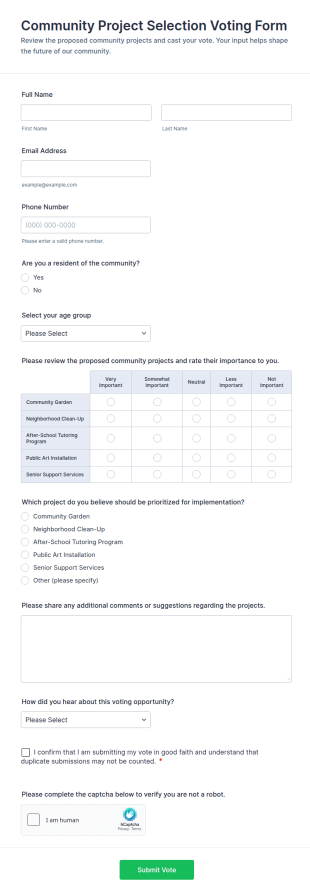 Community Project Selection Voting Form Template