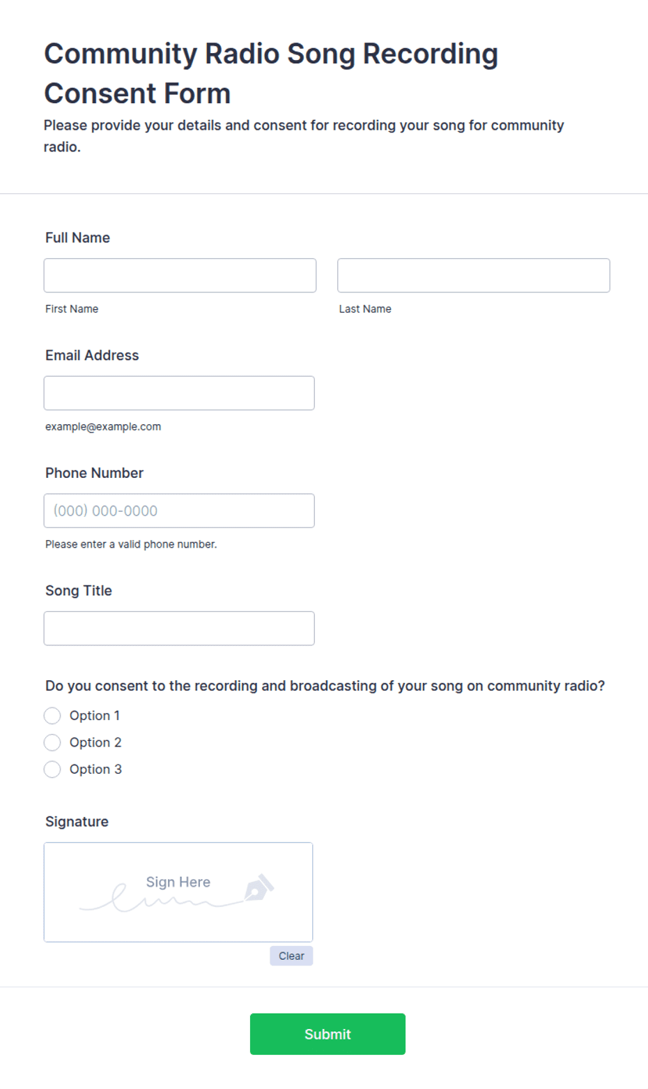 Community Radio Song Recording Consent Form Template | Jotform