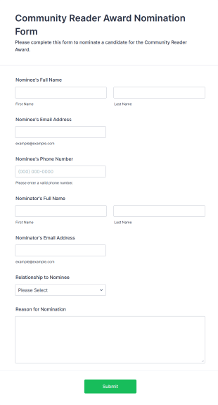 Community Reader Award Nomination Form Form Template
