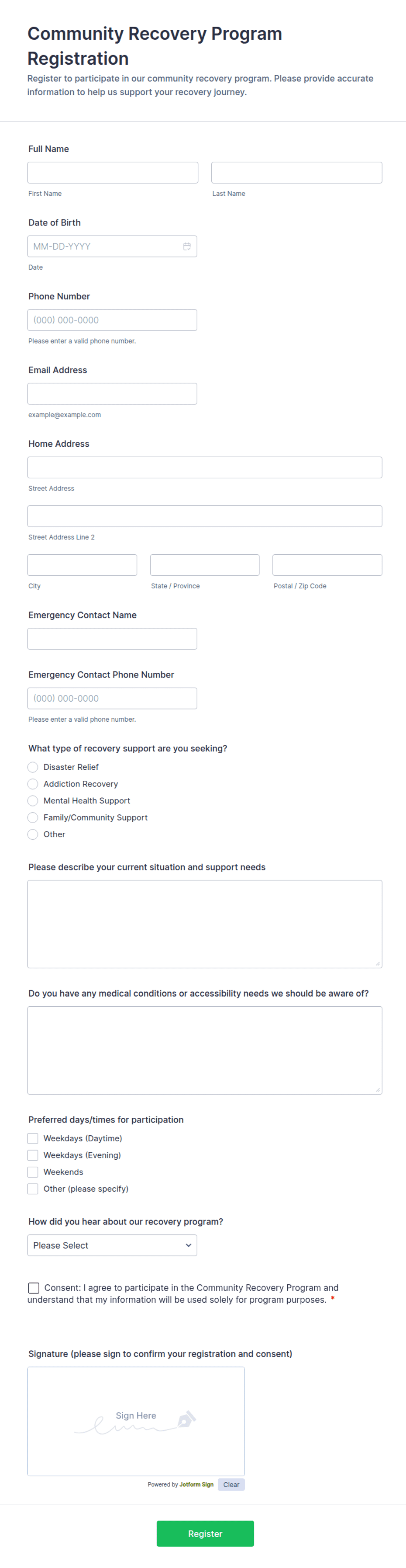 Recovery Form.pdf Community Recovery Program Registration Form Template | Jotform