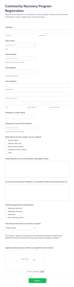 Community Recovery Program Registration Form Template