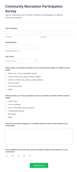 Community Recreation Participation Survey Form Template