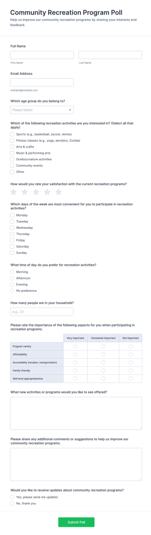 Community Recreation Program Poll Form Template